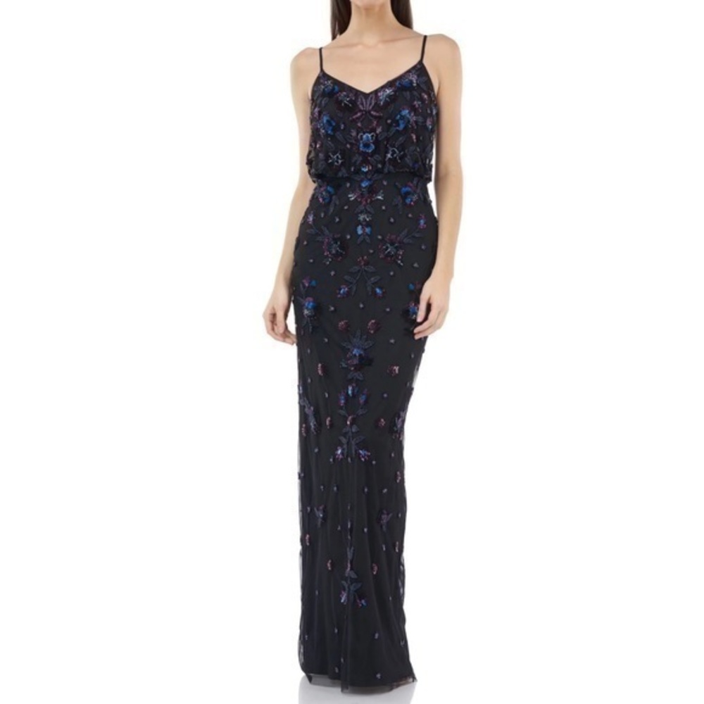 JS Collections Black Sleeveless Cami Multi Beaded Blouson Formal Gown Size 12